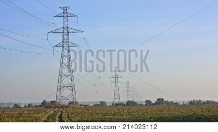 Young electrical installers are setting up new electric lines in the early morning of the transmission line.