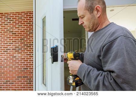 Installation Locked Interior Door Woodworker Hands Install Lock