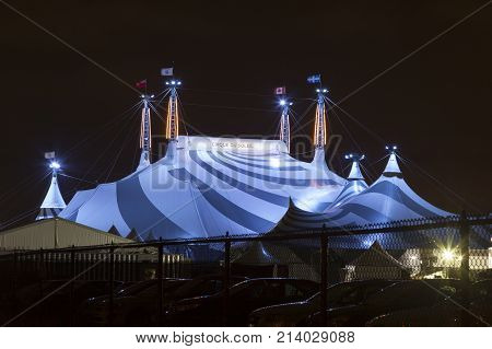 Toronto Canada - Oct 13 2017: Cirque du Soleil circus tent big top illuminated at night. Toronto Province of Ontario Canada