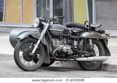 Toronto Canada - Oct 14 2017: Old BMW motorcycle with a side car parked downtown in Toronto Canada