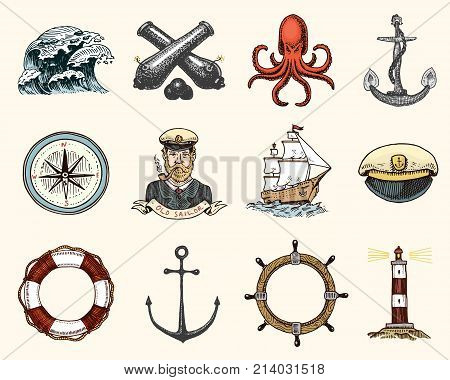 Marine and nautical or sea, ocean emblems. set of engraved vintage, hand drawn, old, labels or badges for a life ring, a cannon ball, a captain with a pipe. welcome aboard, two anchors, sailor