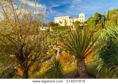 Merano town October 2014 During this time of year tourists visit the Garden of Castel Trauttmansdorff in Merano North Italy because even in autumn it is lush and flowered
