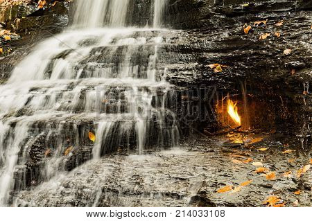 A close up of Eternal Flame Waterfall in New York