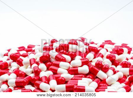 Selective focus of antibiotic capsules pills on blur background with copy space. Drug resistance concept. Antibiotics drug use with reasonable and global healthcare concept.