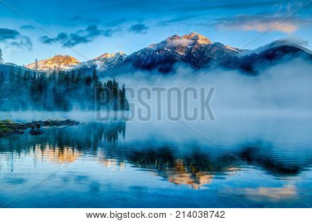 Foggy Sunrise At Pyramid Lake In Jasper, Alberta, Canada