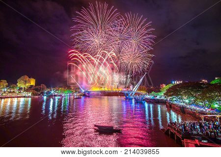 Kuching sarawak,malaysia november11 2017 : a awesome fireworks show in conjunction with the inauguration of a new bridge facing the Sarawak state assembly.Happy New Year. concept Celebration.