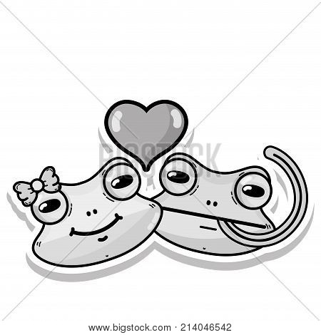 grayscale cute frog couple animal with heart design vector illustration