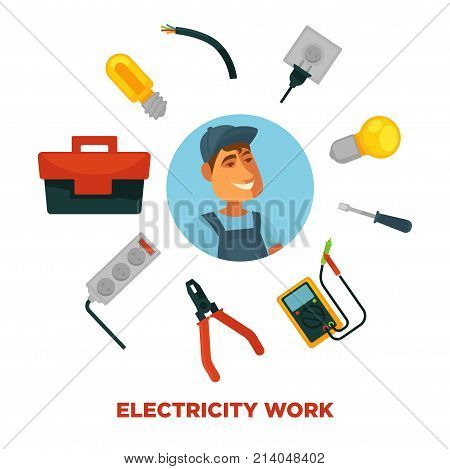 Electrician profession infographics poster template. Electric engineer or electricity repairman worker with work tools ampermeter, screwdriver and voltmeter Vector flat illustration