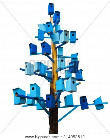 A lot of blue birdhouses on a trunk tree isolated on white. Clipping Path included.