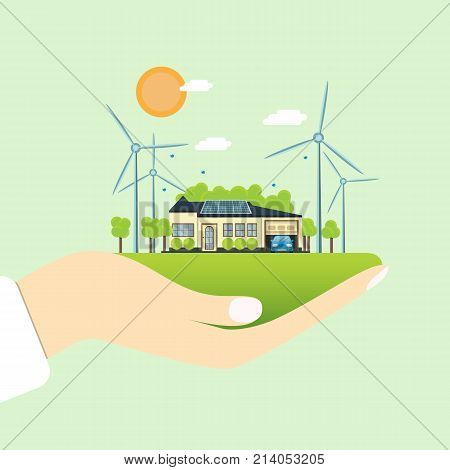 Environmentally friendly House. The House, solar panels, a windmill on the ground. Vector illustration of ecology the concept of infographics modern design on the hand