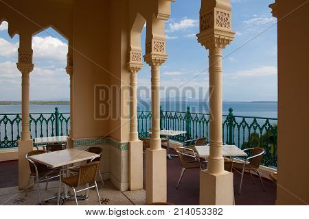Cienfuegos Cuba - January 28 2017: View from Palacio de Valle in CienfuegosCuba.Palacio de Valle is an architectural jewel located in the Punta Gorda reminiscent of Spanish-Moorish art GothicBaroque...