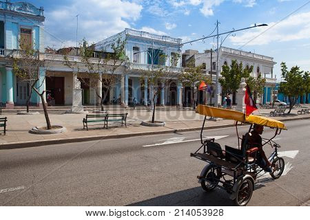 Cienfuegos Cuba - January 28 2017: Typical colonial street in Cienfuegos. Cienfuegos capital of Cienfuegos Province is a city on the southern coast of Cuba.The city is dubbed La Perla del Sur