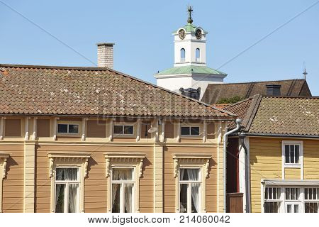 Traditional wooden houses facades and church in Rauma. Finland heritage. Horizontal