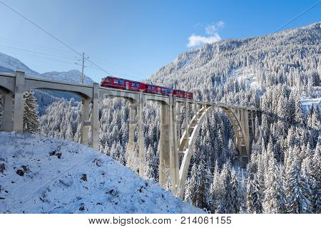 Langwies Switzerland - November 14 2017: Langwieser Viaduct in winter Langwies Switzerland.