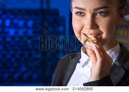 bitcoin woman hold mining cryptography virtual beautiful