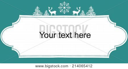 Christmas New Years Web Banner Poster. White Silhouettes Deers Fir Trees Snow Flake. Vintage Frame. Copy Space for Text. Sale Announcement Advertisement