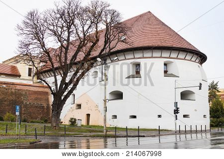 The Thick Tower on the Boulevard Corneliu Coposu in a rainy day. Sibiu city in Romania