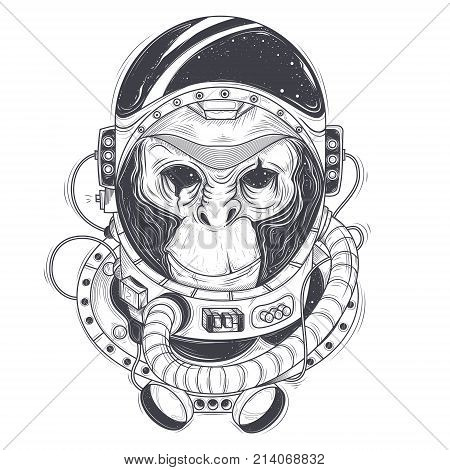 hand drawn illustration of a monkey astronaut, chimpanzee in a space suit in the style of engraving. Print for T-shirts, template, sketch tattoo, design element