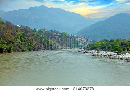 View on the river Ganges near Laxman Jhula in India