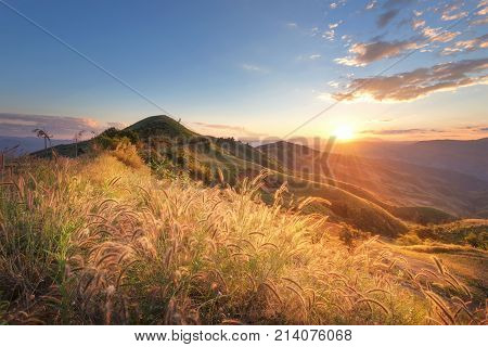 Beautiful Mountain View Of Doi Chang At Sunset ,chiang Rai, Thailand.