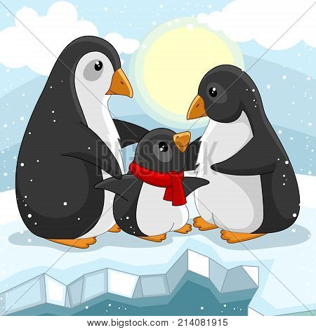 A cartoon picture for children. The family of penguins that love each other is standing on an ice floe and around it is snowing.