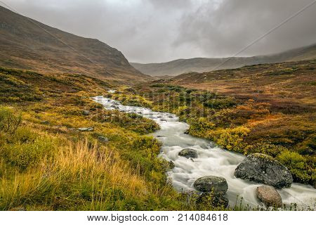 Creek in the Mountain pass over Sognefjellet providing access to Jotunheimen and Jostedalsbreen National Parks, Norway.