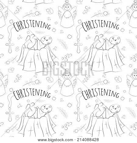 Vectron Seamless Pattern Of Elements Drawn Manually In The Style Of Doodle. Christening, Infant, Rel