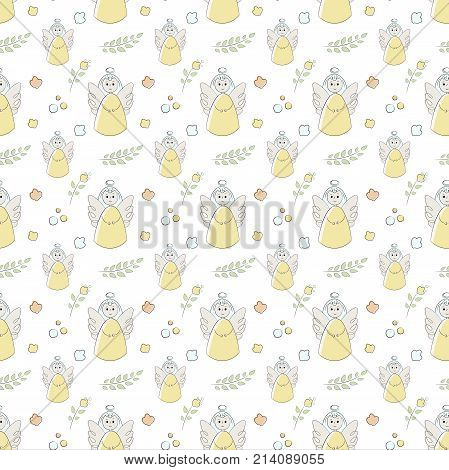 Vectron Seamless Pattern Of Elements Drawn Manually In The Style Of Doodle. Christening, Angel, Reli