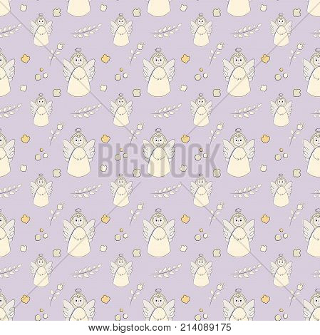Vectron seamless pattern of elements drawn manually in the style of doodle. Christening, angel, religion, church. Used for wallpapers, backgrounds, wrapping paper.