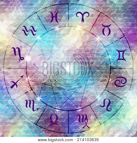 Magic circle with zodiacs sign on abstract grunge background.