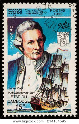 Moscow Russia - November 15 2017: A stamp printed in Cambodia shows Captain James Cook and H.M.S. 