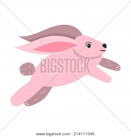 Vector cartoon flat style pink bunny jumping forward. Side view. Easter and Christmas character. Isolated on white background
