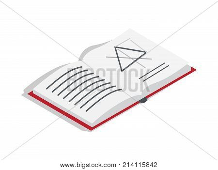Open geometry textbook with red hardcover on page with equilateral triangle draft isolated cartoon vector illustration on white background.