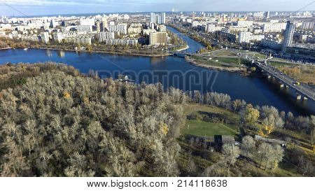 aerial view of Dniepr river in Kiev at last autumn
