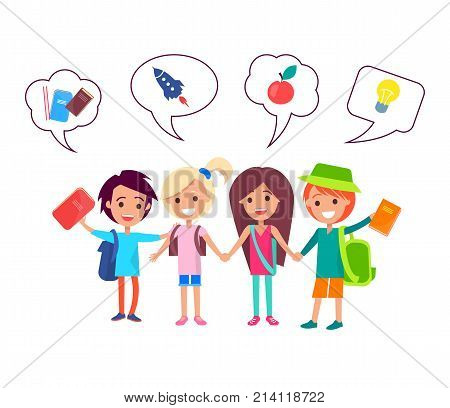 Happy school boys and girls with backpacks, hardcover books holding each other hands and small icons above them isolated vector illustration.