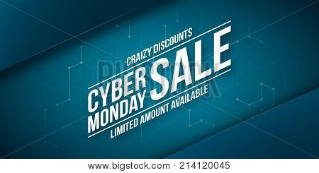 Cyber Monday Sale crazy discounts vector banner template. Blue background. Sample text.