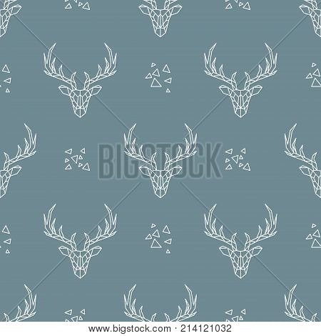 Deer pattern on dark blue background. Vector seamless texture. Geometric style. Cloth wallpaperwrapping card invitation wedding birthdaytextile paper holiday.