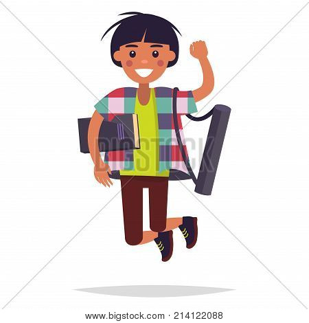 Jumping  boy student with book and tube for whatman paper isolated on white background. Happiness and cheer expression vector illustration. Reaction for successful exams passing in art school.