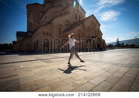 Cathedral of Tsmind Sameba, Tbilisi - MARCH 08: Tourists visiting the Cathedral of Tsmind Sameba in the Tbilisi. Rome, Tbilisi on March 08, 2017