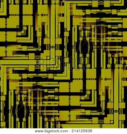 Abstract geometric background. Intricate stripes and squares pattern olive green, gold, brown and black with wiggly lines.