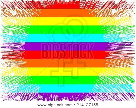 Two overlapping Venus symbols with rainbow flag