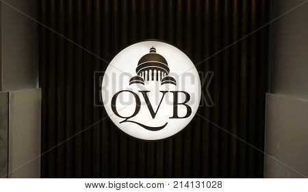 Sydney Australia - November 03 2017: Queen Victoria Building indoors signboard. Rich in history QVB occupies an entire block on Sydney's George Street and has over 180 shops.