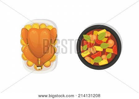Baked turkey with orange for Thanksgiving Day in cartoon style. outumn food