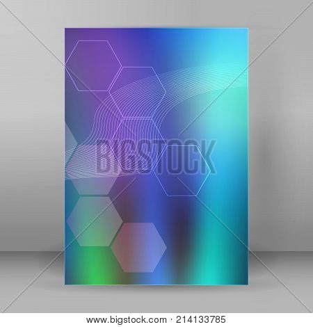 Advertising flyer business presentation. Blue purple gradient blurry glow light background with elegant graphic hexagon. Vector illustration EPS 10 for template brochure layout leaflet newsletters