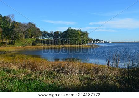 The ocean coast of worlds end park in Hingham