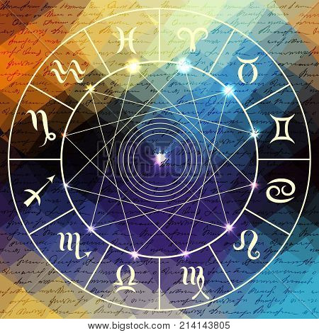 Magic circle with zodiacs sign on abstract grunge background.