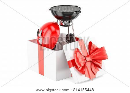 Barbecue grill inside gift box gift concept. 3D rendering isolated on white background