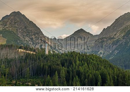 Great view on High Tatra Mountains from Strbske pleso - resort town near the lake named Strbske pleso. High Tatra mountains, Slovakia, Europe