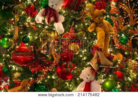 Colorful Texture Christmas Ornaments Made Of Balls And White Teddy Bears And Toys