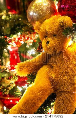 Cute Brown Teddy Bear On Christmas Tree Ornaments